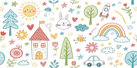 Adorable seamless kids pattern with pastel doodle style rainbow, clouds, flowers, trees, animals, and houses. Ideal for children’s , fabric, greeting cards, wrapping, and cute digital backgrounds