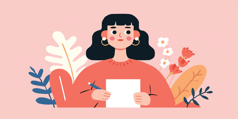 Naklejka premium An illustrated woman in a casual setting, penning her thoughts on a blank paper sheet, she's surrounded by leaves and flowers, her expression is gentle and relaxed, a peaceful scene of creativity.