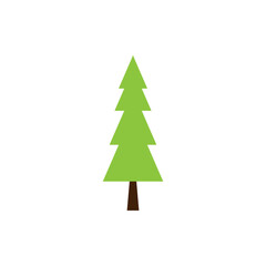 Simple graphic illustration of a green evergreen tree with a brown trunk, isolated on a white background.