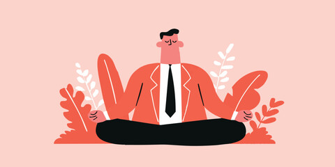 An illustration of a meditating businessperson surrounded by vibrant plants, representing inner peace and balance, symbolizing the modern approach to well-being.
