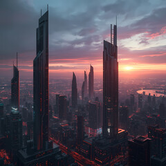 Urban Oasis: A captivating aerial perspective reveals a stunning cityscape, where sleek skyscrapers reach towards a vibrant sunset sky, painting a picture of modernity and grandeur. 