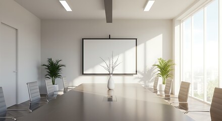 Bright and modern conference room with large windows, a long table, chairs, plants, and a blank screen for presentations or video conferencing