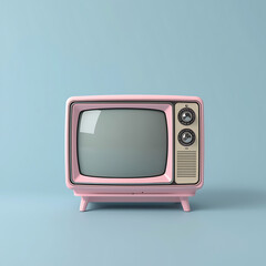 Vintage Pink Television On Soft Blue Background – Whimsical Retro Art Design