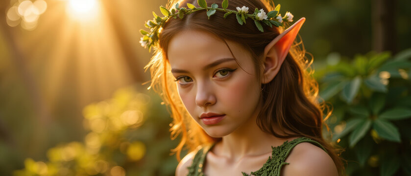 Serene elf with pointed ears and floral crown gazes thoughtfully in sunlit forest. warm light enhances enchanting atmosphere