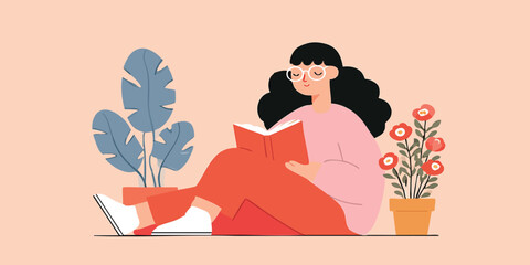 A serene woman engrossed in a captivating book, surrounded by the calming presence of potted plants, an image representing intellectual curiosity, relaxation, and the simple pleasures of life.