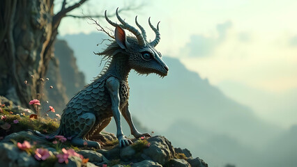 A fantastical, small gray mythical creature with large eyes and antlers sits on a rocky cliffside, observing a serene mountain landscape.
