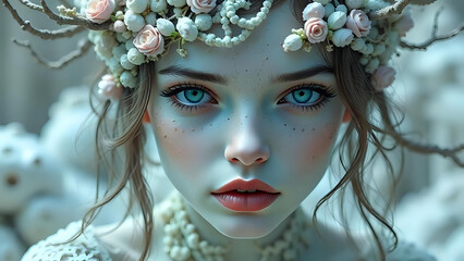 A stunningly detailed portrait of a young woman with mesmerizing blue eyes and delicate features, wearing a whimsical crown of white flowers and pearls.