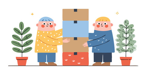 Two figures collaborate, lifting boxes, symbolizing unity and cooperation, near potted plants in an engaging illustration.