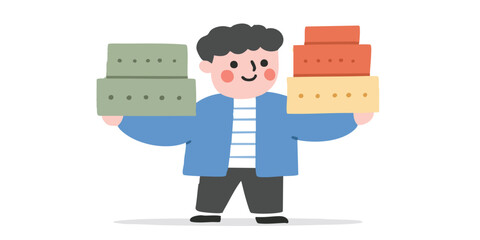 A friendly person, arms laden with colorful boxes, in a cheerful scene. Perfect for illustrating concepts of delivery or moving.