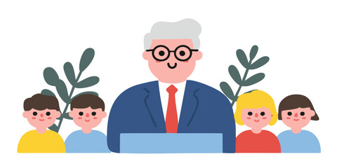 A Cartoon depiction of a Teacher and his students, smiling, showcasing an environment of learning, joy, and a strong teacher-student bond.