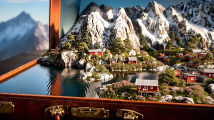 Suitcase opens to reveal snowy peaks and turquoise coves, a handcrafted destination dreamscape that turns packing into pure wanderlust magic.