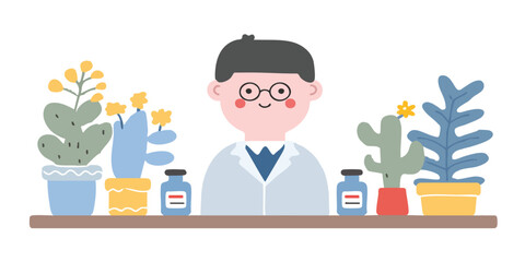 A diligent scientist meticulously tends to a vibrant collection of potted plants. surrounded by specimen bottles. The illustration captures a sense of curiosity, care, and botanical expertise.