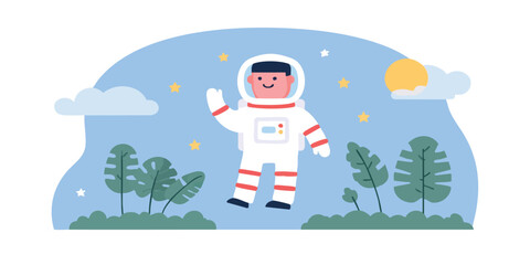 An astronaut gracefully floats among the stars and clouds, an imaginative scene of space exploration in a flat illustration style, representing wonder and the spirit of discovery.