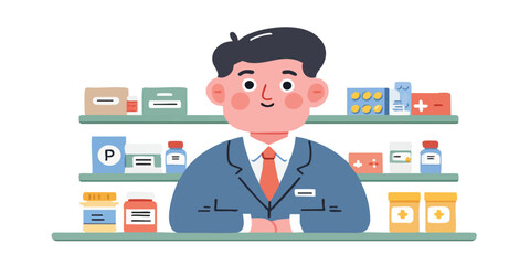A friendly pharmacist stands at the counter, a comforting presence in a well-stocked pharmacy filled with essential medications and healthcare supplies, ready to provide expert care and advice.