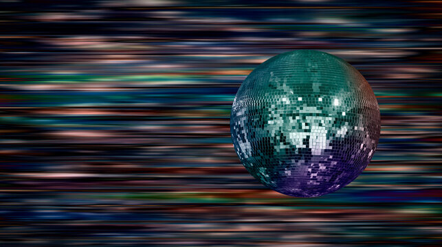 Party disco mirror ball reflecting blue, purple and green lights