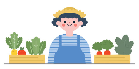 A cheerful gardener, surrounded by a vibrant selection of fresh, organically grown vegetables.  The illustration captures the essence of nature's bounty and the satisfaction of nurturing life.