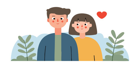 A tender illustration captures the essence of love and companionship, portraying a couple's serene bond, set against a backdrop of stylized foliage and a heart symbolizing affection.