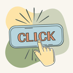 Hand cursor clicking on a blue button with the word C L I C K in coral click button finger