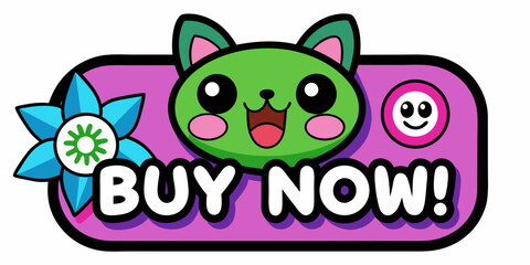 Green cartoon cat character with blue flower and buy now text on purple button buy now button