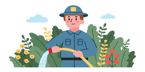 A gardener tending to his vibrant garden, meticulously watering the lush plants and flowers with dedication, nurturing a beautiful and thriving ecosystem.