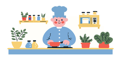 A charming cartoon chef diligently cooks in a well-equipped kitchen, his focused expression radiating passion and expertise, with lush plants providing freshness.