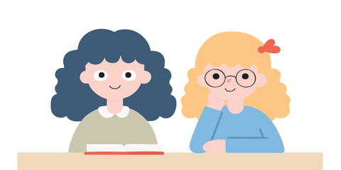 Two young girls, representing friendship, are captured in a delightful illustration. One girl is immersed in a book, and the other is leaning on her hand with a serene expression.