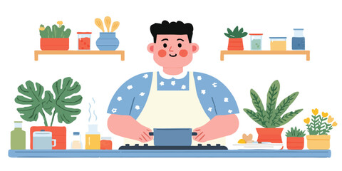 A smiling man attentively cooks in a kitchen, creating a delightful culinary scene featuring fresh ingredients and potted plants.