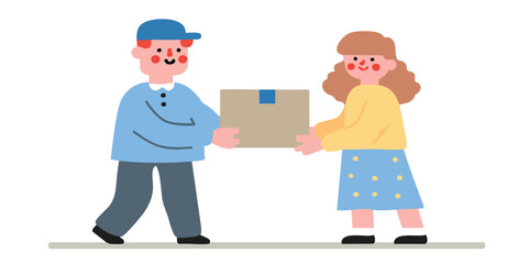 A kind delivery person handing over a package to a cheerful client, fostering a sense of reliability and service.