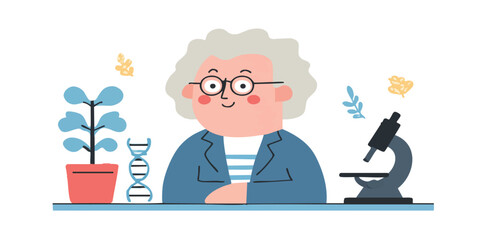 An illustrated image of a scientist with glasses, in the laboratory, embodies curiosity and innovation in the fields of science. The scene includes a microscope, a potted plant, and a DNA model.