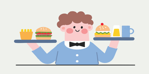 A charming cartoon waiter, balanced tray of food, poised for service, presenting an array of classic American diner delights, inviting taste and visual joy.