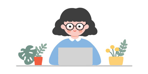 A charming illustration depicts a cheerful individual, engrossed in work at a desk adorned with flourishing plants, creating a welcoming and productive workspace.