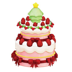 3D Two-Tiered Christmas Cake Topped with a Tree and Strawberries, Isolated on transparent background