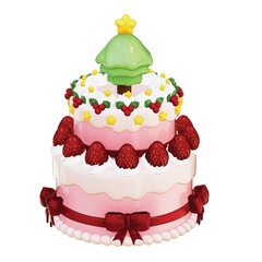 3D Two-Tiered Christmas Cake with a Tree Topper, Strawberries, and Star Sprinkles, Isolated on transparent background