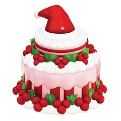 3D Multi-Tiered Christmas Cake Topped with a Santa Hat, Isolated on transparent background