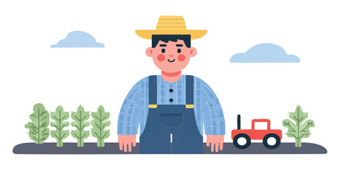 An illustration depicts a farmer standing proudly on their land with a small tractor, celebrating the harvest and countryside life.