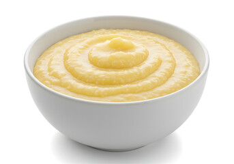 Creamy cornmeal porridge in white bowl on clean background