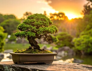 Bonsai tree in a pot at sunset