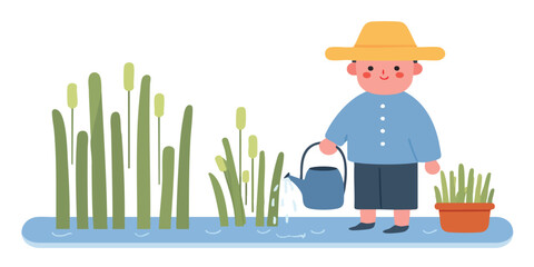 A cheerful illustration depicts a young person, a watering can in hand, tending to vibrant plants flourishing in a tranquil garden, symbolizing nurturing and growth.