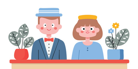 A charming cartoon couple, dressed in stylish attire, shares a delightful moment, framed by cheerful potted plants, showcasing love.