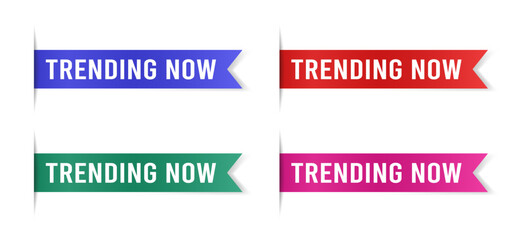 Vector set of flag-shaped bookmarks with “TRENDING NOW” text. Includes blue, green, red, and pink colors. Perfect labels for online shops, product highlights, and marketing design.
