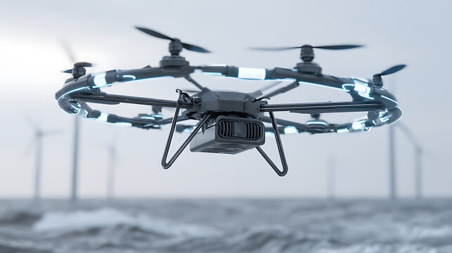 Drone flying over ocean with wind turbines in background