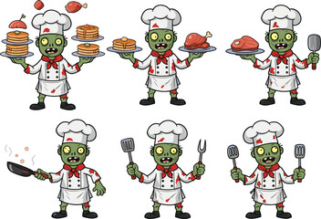 Cartoon green chef character illustrations, cooking poses with food, burger, pancakes, roasted chicken, spaghetti, frying pan, spatula, fork, spoon, culinary kitchen artwork design