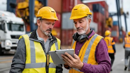 Logistics Professionals Analyzing Data: Two focused logistics professionals wearing protective helmets and safety vests meticulously analyze data on a tablet at a busy port. - Powered by Adobe