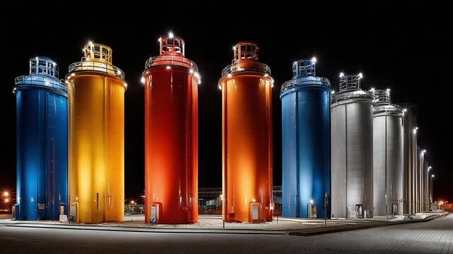 Illuminated Industrial Silos: A striking row of vibrantly colored industrial silos, bathed in radiant light against a dark backdrop. Capturing an interplay of color and form.