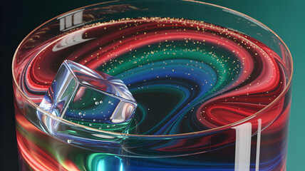 Close up of a glass with a clear ice cube and colorful liquid swirling inside the glass container