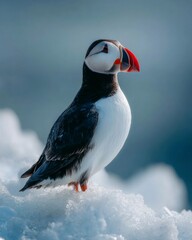 Puffin Standing on Icy Cliff Edge Overlooking the Arctic Sea