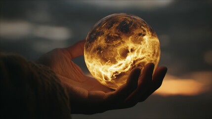 Hand holding glowing earth-like orb against sunset