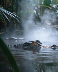 Rainforest River with Caiman Partially Submerged, Eyes Peering Above Water