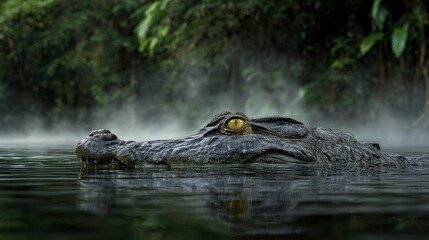 Rainforest River with Caiman Partially Submerged, Eyes Peering Above Water
