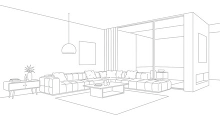 Interior architectural sketch of a modern living room with sectional sofa and contemporary furniture. isolated on white background